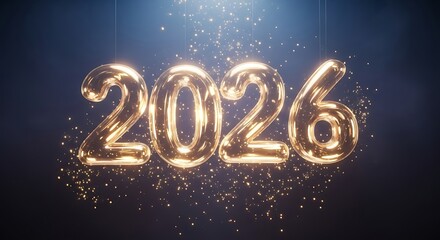 Shiny golden balloon-like 2026 numbers float with sparkling glitter particles.