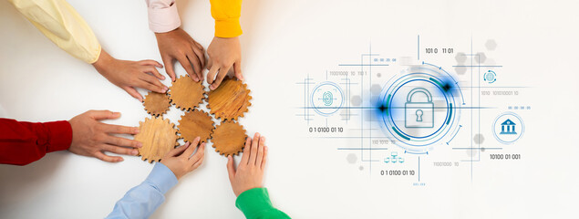 Diverse hands work together to assemble gears, representing teamwork and innovation in security solutions within a professional digital landscape. Trope