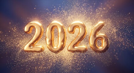 Golden metallic numbers '2026' shimmer with sparkling glitter on a dark background.