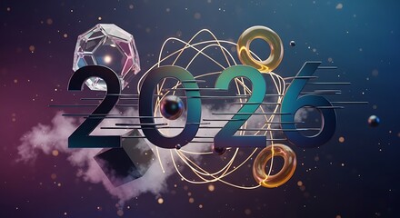 Abstract floating geometric shapes surround the colorful illuminated "2026" numbers.