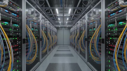 Endless corridor of server racks with glowing lights and colorful cables in a data center server room - Powered by Adobe