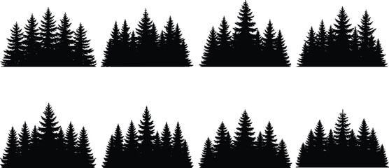Fototapeta premium Set of coniferous pine forest silhouettes spruce tree clusters and woodland landscape cad drawing flat vector illustration for architectural environment design