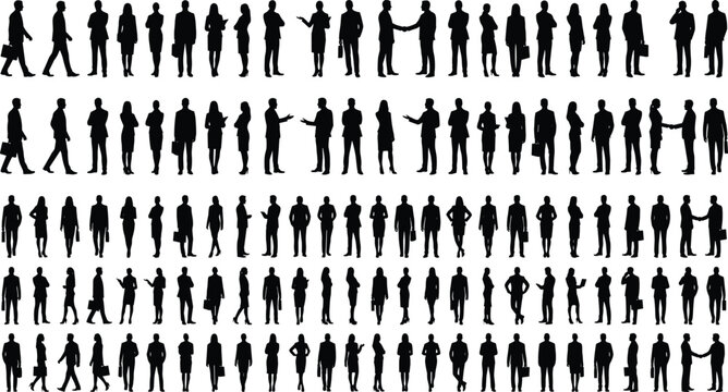Set of business people silhouettes walking standing and talking professional corporate group cad drawing flat vector illustration for architectural visualization