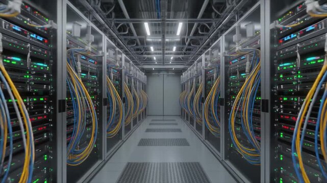 Endless corridor of server racks with glowing lights and colorful cables in a data center server room