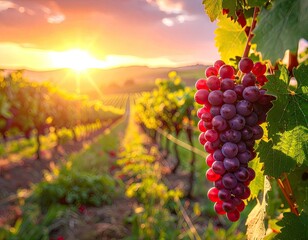 A ripe cluster of purple grapes hangs against the backdrop of a sunlit vineyard at sunset.