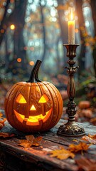 Obraz premium A glowing jack-o'-lantern sits next to an antique candlestick with a lit candle outdoors.