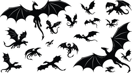 Set of flying dragon silhouettes mythical fantasy creature monsters and fire breathing beasts cad drawing flat vector illustration for web © IconicCreations