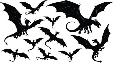 Set of flying dragon silhouettes mythical fantasy creature monsters and fire breathing beasts cad drawing flat vector illustration for web © IconicCreations