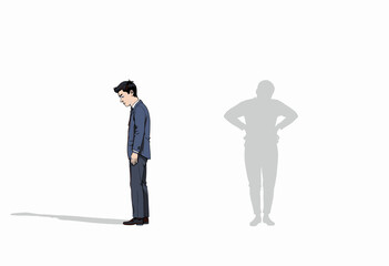 Obraz premium Illustration of a Thoughtful Individual Casting a Confident Shadow, Representing Inner Strength and Self-Reflection Amidst a Minimalistic Background