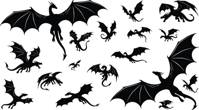 Set of flying dragon silhouettes mythical fantasy creature monsters and fire breathing beasts cad drawing flat vector illustration for web