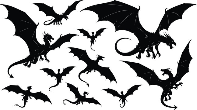 Set of flying dragon silhouettes mythical fantasy creature monsters and fire breathing beasts cad drawing flat vector illustration for web