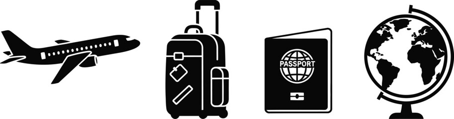 Set of 4 airplane travel icons silhouette airplane side view rolling luggage passport and globe