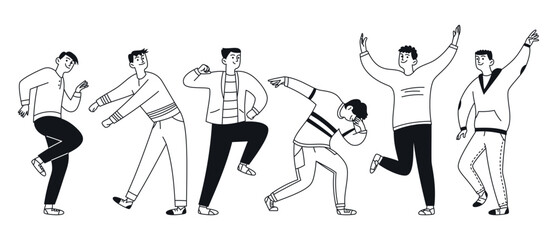 Set of doodle people, dancing men. A collection of happy jumping men performing dance moves. Outline, thin line. Vector linear illustration.