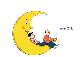 Obraz premium Illustration of Two People Relaxing on a Smiling Crescent Moon with the Younger Version Reading as the Adult Observes