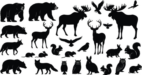 Set of wild animal silhouettes bear moose deer fox and forest birds cad drawing flat vector illustration for nature landscape design
