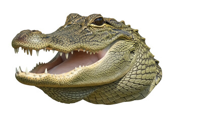 Fototapeta premium Alligator head with open mouth isolated PNG on transparent background, reptile predator with sharp teeth and textured skin