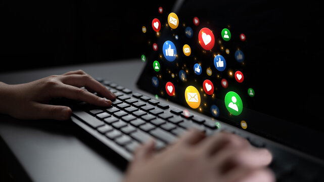 Concept of digital marketing and online communication. A network of user engagement is shown through social media feedback notifications which helps build a strong community. Fermion - Powered by Adobe