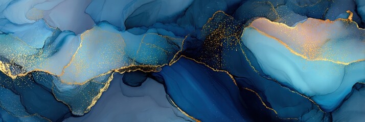 Abstract blue and gold marble texture with fluid waves and metallic highlights