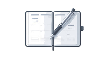 An open planner with a pen resting on its pages.