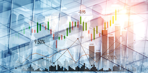 A visually captivating representation of financial growth featuring stock market data, graphs, and silhouettes of business professionals in a modern office setting. Scalp