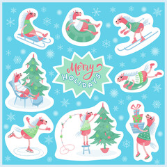Set of vector Christmas holiday stickers with cute pink  horses doing winter activities. Flat vector illustration for seasonal designs.