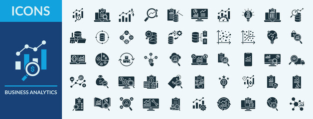 Business analytics - Icon Collection. Thin Solid Set contains such Icons as key performance indicator, data quality, customer segmentation and more. Simple web icons set