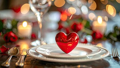 A romantic dinner setting featuring a glossy red heart on stacked plates with soft candlelight bokeh in the background.