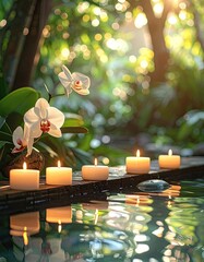Tranquil outdoor spa setting featuring white orchids and glowing candles reflecting in water.