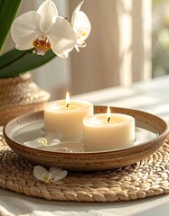 Tranquil scene featuring two floating candles and a white orchid.
