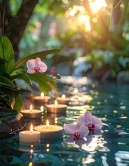 Tranquil scene with floating tea light candles and delicate orchids reflecting in calm water under warm sunlight.