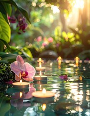 Tranquil floating candles and orchid bloom on serene water at sunset.