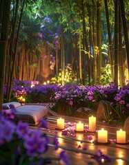 Tranquil outdoor spa setting nestled within a glowing bamboo forest adorned with purple flowers.