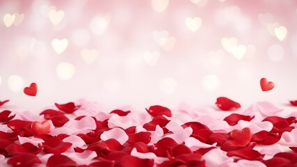 Valentines Day romantic background with ample copy space featuring scattered red and pink rose petals elegant minimalist design soft lighting premium aesthetic festive love celebration composition