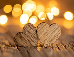 Two Wooden Hearts with Warm Bokeh Background