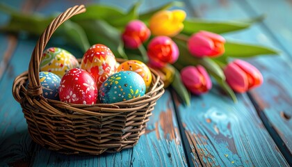 A wicker basket overflows with vibrantly colored, intricately decorated Easter eggs resting on a rustic, weathered blue wooden surface next to a bouquet of bright tulips.