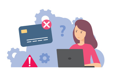 Woman frustrated by declined credit card transaction, failed transactions, ecommerce issues in digital or print media.