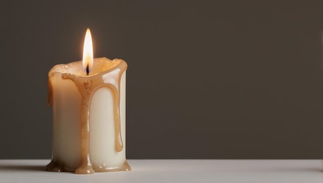 Burning Candle with Dripping Wax on White Surface Against Dark Background.