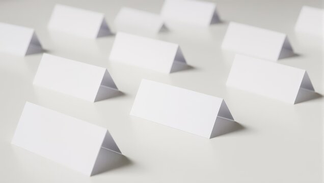 Blank white folded paper name tags or place cards arranged neatly on a light surface.