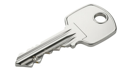 Shiny silver metal key isolated PNG, house or car key for security and access on transparent background