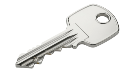 Shiny silver metal key isolated PNG, house or car key for security and access on transparent background