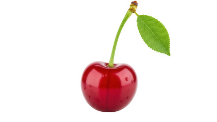 Ripe red cherry with stem and leaf isolated PNG, fresh fruit on transparent background for healthy eating and summer designs