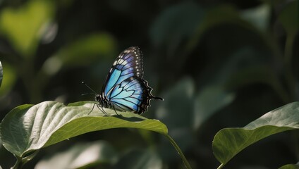 Beautiful Blue Butterfly Perched on a Lush Green Leaf in Soft Sunlight.