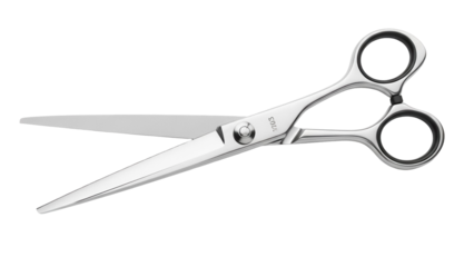 Professional hair cutting scissors PNG isolated on transparent background, sharp steel shears for barbers and hairdressers