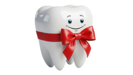 Cartoon tooth with red bow isolated PNG, dental care concept for kids dentistry and oral hygiene education materials