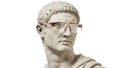 Marble bust with modern glasses isolated PNG, classical sculpture with eyewear on transparent background, art and fashion concept