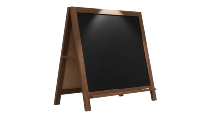 Wooden framed chalkboard isolated PNG, A-frame sandwich board with dark surface for restaurant menu or advertising on transparent background