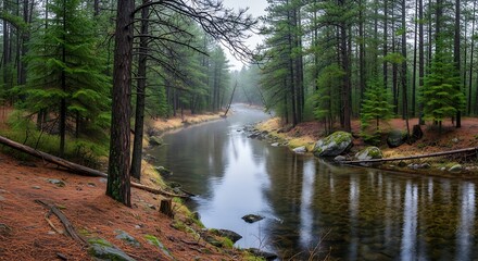 Serene forest river landscape with trees.