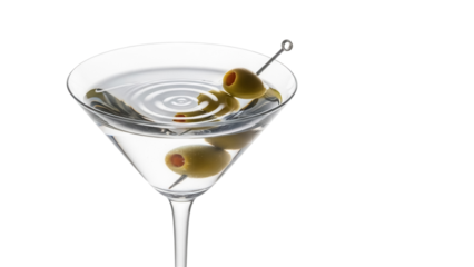 Martini with olives isolated on transparent background, classic cocktail drink with garnish in a clear glass for bar and party