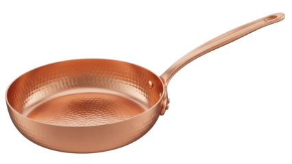 Copper frying pan isolated PNG on transparent background, hammered metal skillet for cooking and professional kitchen use