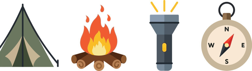 Set of 4 camping icons flat design tent campfire flashlight and compass